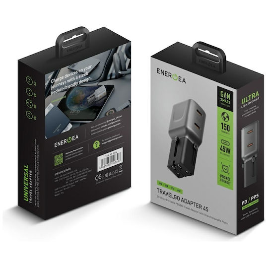 Energea Φορτιστής Χωρίς Καλώδιο GaN με 2 Θύρες USB-C 45W Power Delivery Γκρι (Travelgo)