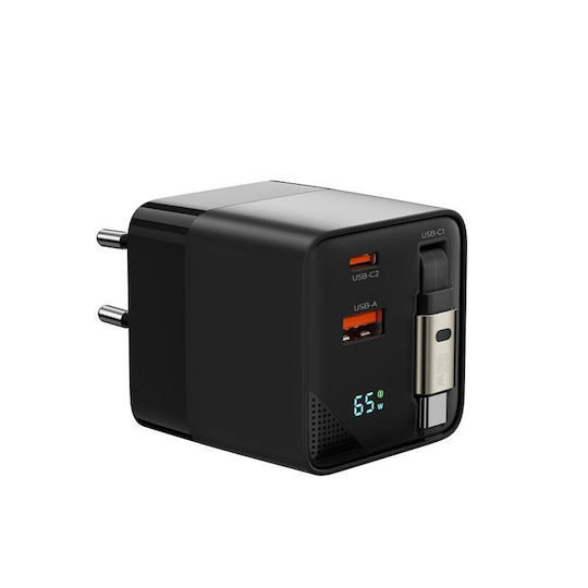 Mobile Origin Charger with Built-in Cable GaN with USB-A Port and USB-C Port USB-C 65W Power Delivery Blacks (MO-65WDCH-PW2)