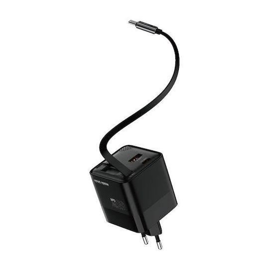 Mobile Origin Charger with Built-in Cable GaN with USB-A Port and USB-C Port USB-C 65W Power Delivery Blacks (MO-65WDCH-PW2)
