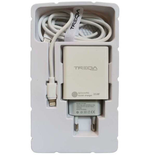 Treqa Ladegerät mit USB-A Anschluss und USB-C Anschluss und Kabel Blitzschlag 20W Stromlieferung Weißs (CH-643)