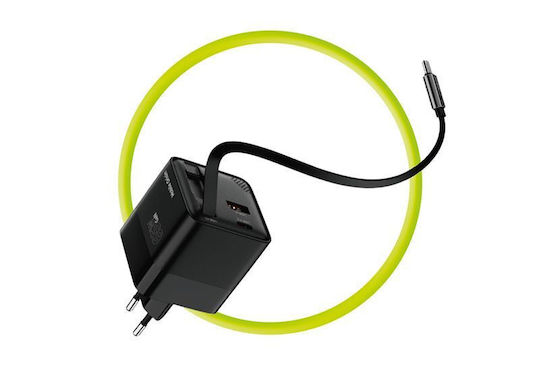 Mobile Origin Charger with Built-in Cable GaN with USB-A Port and USB-C Port USB-C 65W Power Delivery Blacks (MO-65WDCH-PW2)