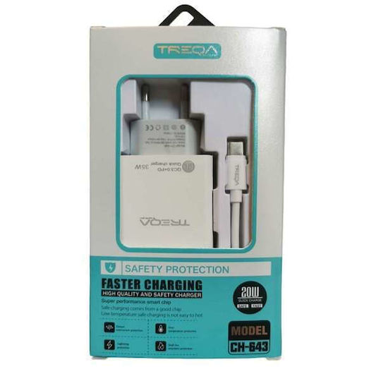 Treqa Ladegerät ohne Kabel mit USB-A Anschluss und USB-C Anschluss 35W Schnellaufladung 3.0 Weißs (CH-643)