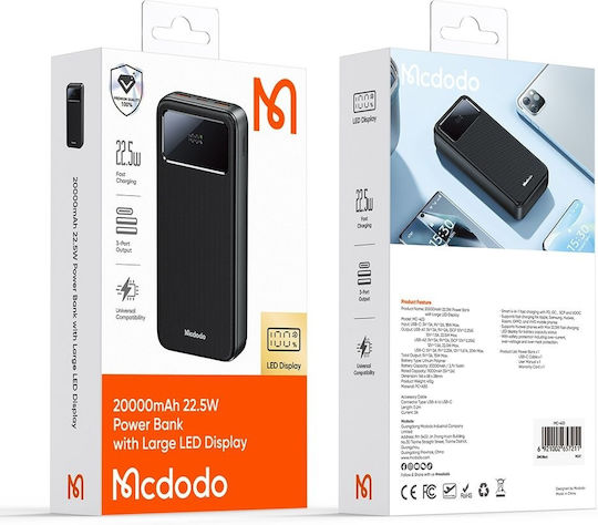 Mcdodo MC-4230 Power Bank 20000mAh 22.5W με 2 Θύρες USB-A και Θύρα USB-C Power Delivery / Quick Charge 3.0 Μαύρο