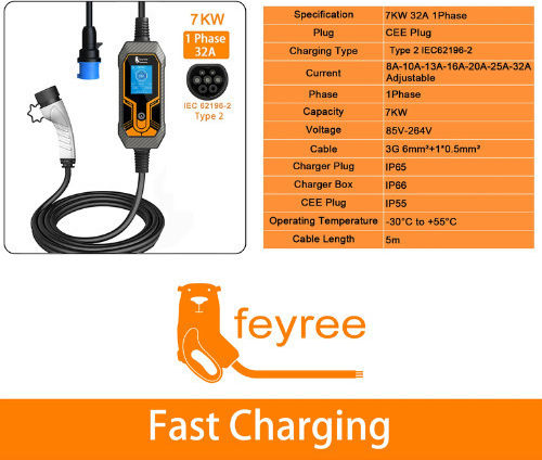 Feyree Portable Single Phase 7kW Charging Station with Built-in Cable Type 2 (202301161)