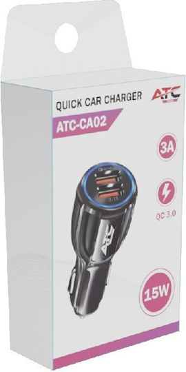 ATC Car Charger 15W 3A Fast Charging with Ports: 2xUSB Black Color