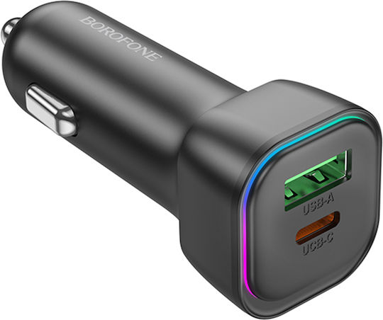 Borofone Auto-Ladegerät 30W 3A Schnellladung mit Anschlüssen: 1xUSB 1xType-C Schwarz Farbe