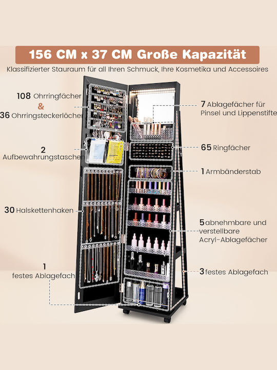 Costway Stand Pentru Bijuterii Din Sticlă Cu Oglindă Negru