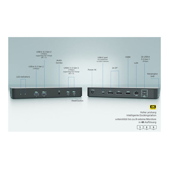 i-tec Display USB-C Docking Station με HDMI/DisplayPort 4K PD Ethernet και σύνδεση 3 Οθονών Μαύρο