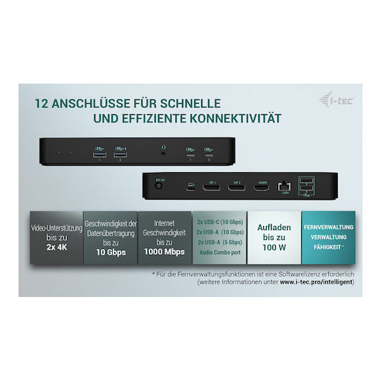 i-tec Display USB-C Docking Station με HDMI/DisplayPort 4K PD Ethernet και σύνδεση 3 Οθονών Μαύρο