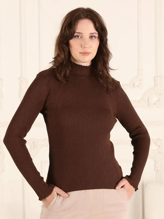 Дамска Блуза Дълъг Ръкав с Висока Яка Кафява
