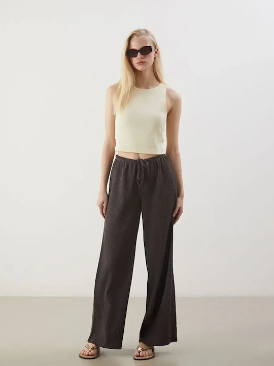 Damen Stoff Hose mit Gummizug Dark Brown