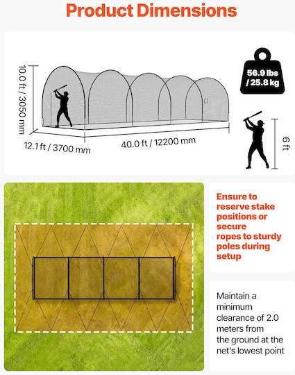Vevor Baseball Cage 12200 X 3700 X 3050mm Free Portable Baseball Cage Batting Cages 4-Ply Polyester Knotless & Pitching Machine Opening Batting Cage Net Indoor Outdoor Use