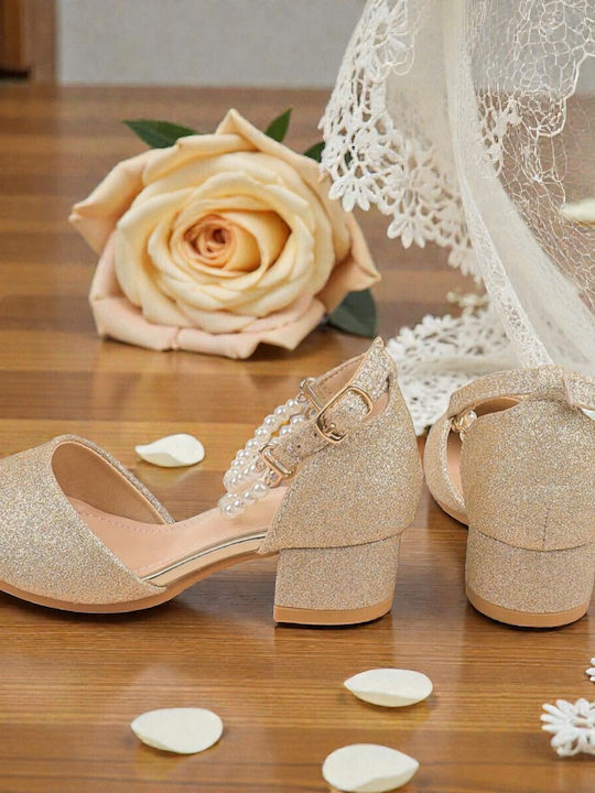 Kids Leather Ballerinas with Adjustable Metal Clasp Gold
