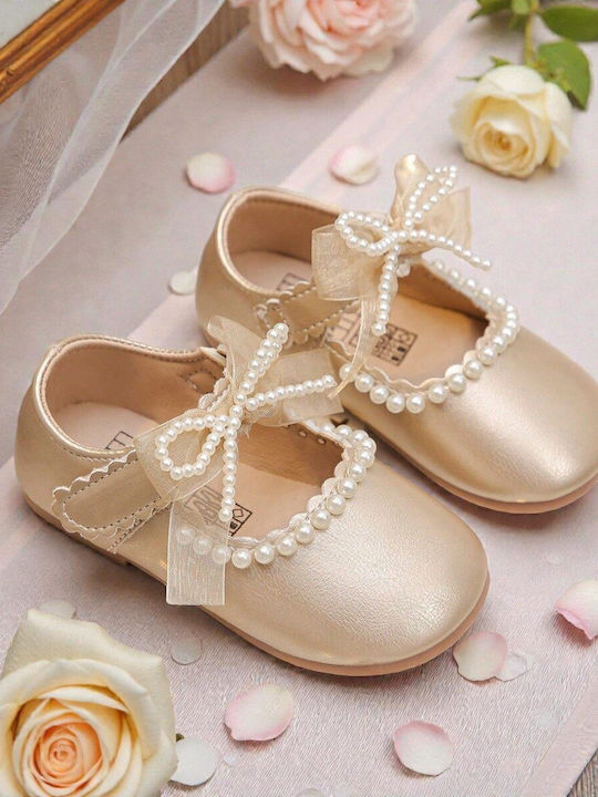 Kids Leather Ballerinas with Hoop & Loop Closure Gold