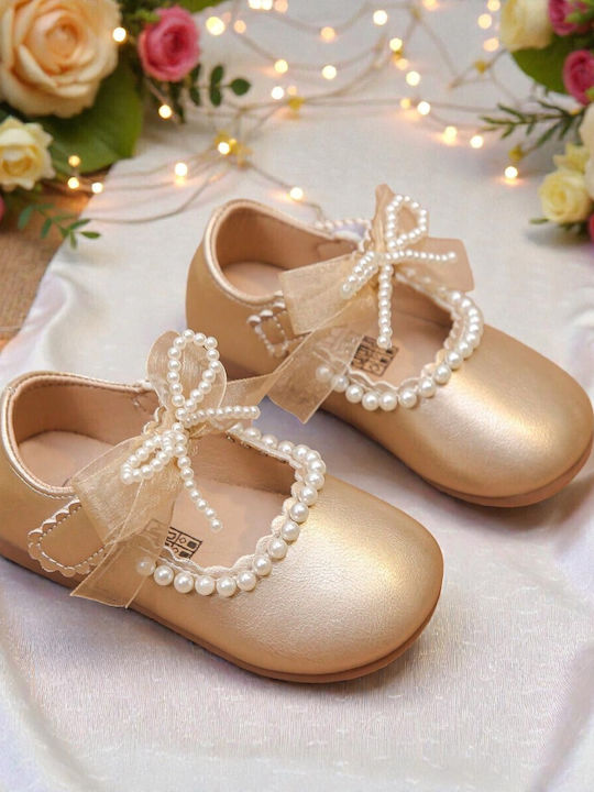 Kids Leather Ballerinas with Hoop & Loop Closure Gold