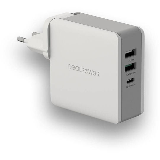 RealPower Φορτιστής Χωρίς Καλώδιο με 2 Θύρες USB-A και Θύρα USB-C Λευκός (306837)