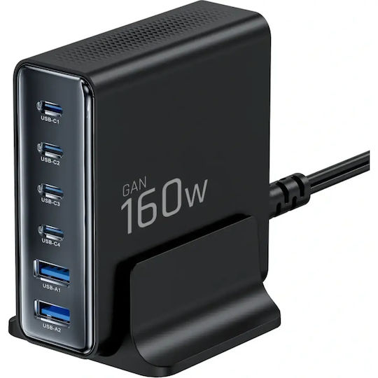 Tech-Protect Ladestation GaN mit 2 USB-A Anschlüsse und 4 USB-C Anschlüsse 160W Stromlieferung / Schnellaufladung 3.0 in Schwarz Farbe (DC160W-GAN)