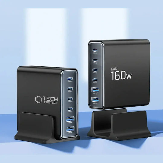 Tech-Protect Ladestation GaN mit 2 USB-A Anschlüsse und 4 USB-C Anschlüsse 160W Stromlieferung / Schnellaufladung 3.0 in Schwarz Farbe (DC160W-GAN)