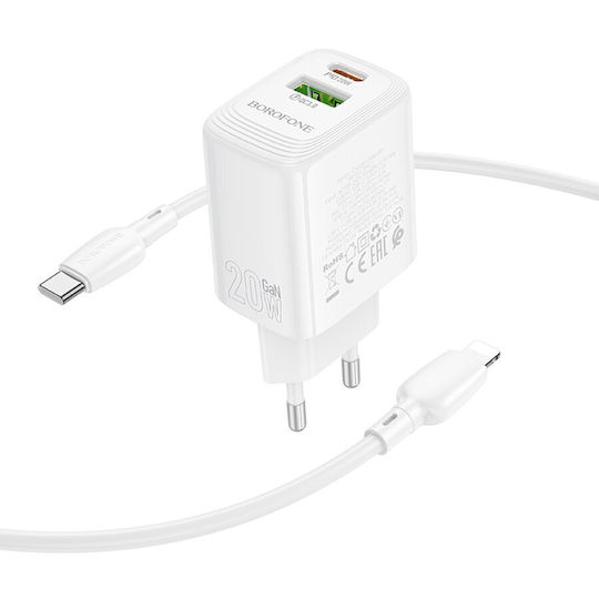 Borofone Charger with USB-A Port and USB-C Port and Cable USB-C - Lightning 20W Power Delivery / Quick Charge 3.0 Whites (BN27)