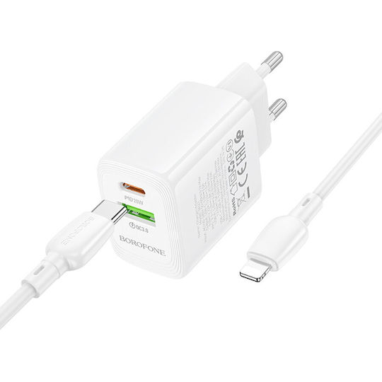 Borofone Charger with USB-A Port and USB-C Port and Cable USB-C - Lightning 20W Power Delivery / Quick Charge 3.0 Whites (BN27)