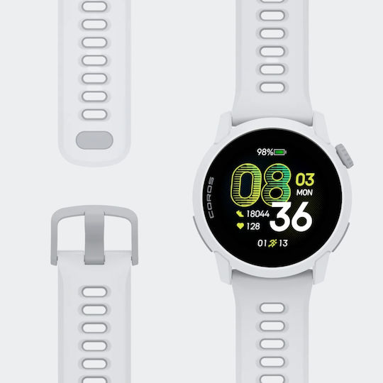 Coros Pace 4 43mm Rezistent la apă Smartwatch (White Silicone Strap)