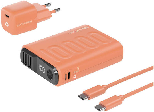 RealPower PB-10000PD+ Power Bank 10000mAh 18W cu 2 Porturi USB-A și Port USB-C Livrarea energiei Portocaliu