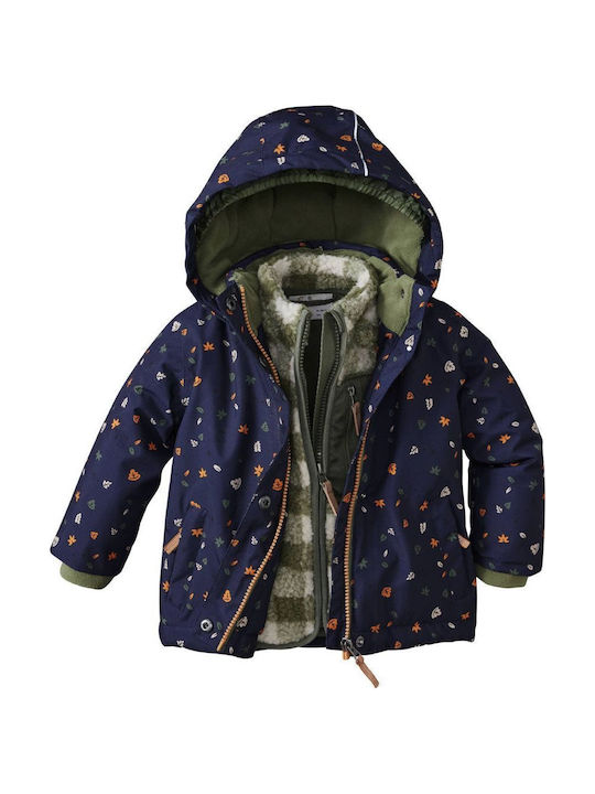 Waterproof Kids Casual Short Windproof Jacket with Lining and Hood Navy Blue