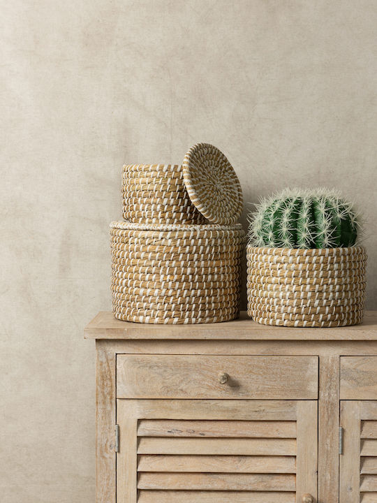 Liberta Set of Decorative Baskets Straw with Lid & Handles Ecru 3pcs