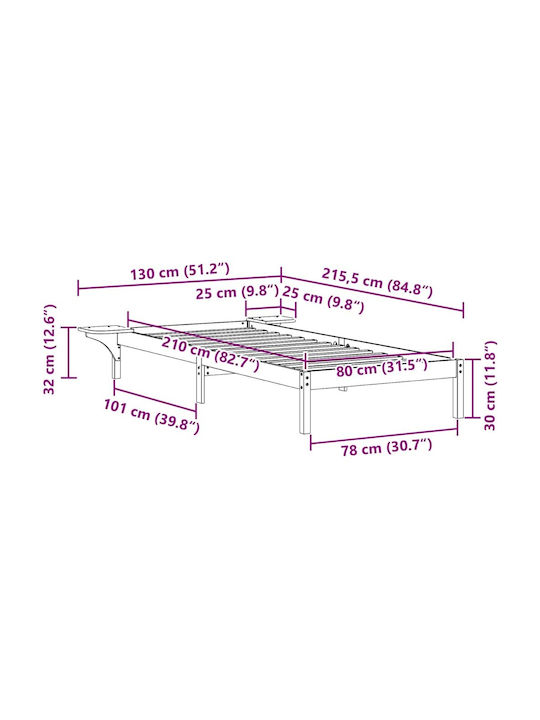 Едно Легло Дървено Натурално с Дъски за Матрак 80x210см