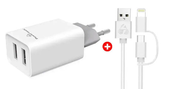 Powertech Φορτιστής Χωρίς Καλώδιο με 2 Θύρες USB-A Λευκός (PT-778)