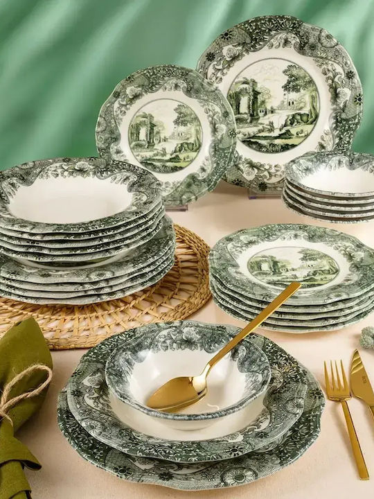 Set Farfurii Porțelan 24 Bucăți Set De Mese Peisaje Smarald Pentru 6 Persoane 25x25cm