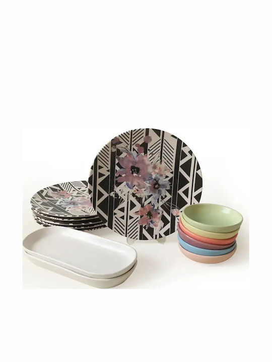 Set Serving Plates Leylak 14 Pieces 6 Persons Floral Modern Multicolour 25 × 25 Cm