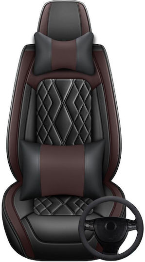 Set De Huse Scaune Auto Universal Ediție De Lux Material Eco-piele Scaune Față Spate Tetieră Volan Pernă Lombară Pernă Cap Culoare Negru Maro 16 Piese