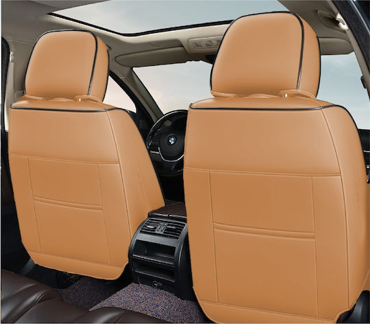 Huse Scaune Auto Premium 5 Locuri Carguard Deluxe Perforate Piele Eco Textil Caramel Maro