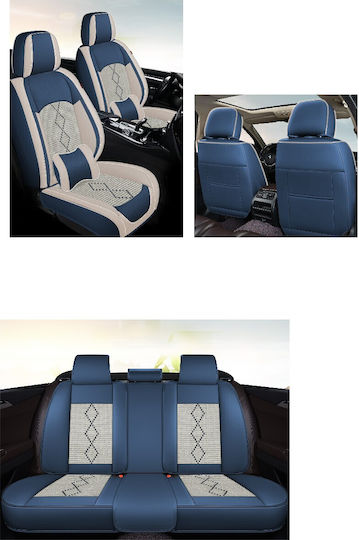 Huse Scaune Auto Premium 5 Locuri Carguard Deluxe Perforate Eco Piele Textil Albastru Alb