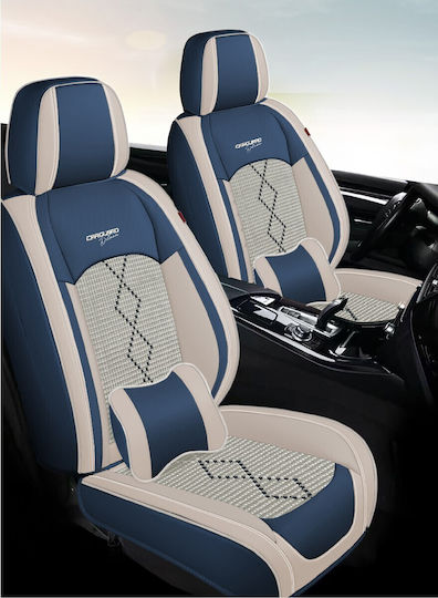 Huse Scaune Auto Premium 5 Locuri Carguard Deluxe Perforate Eco Piele Textil Albastru Alb