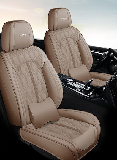Huse Scaune Auto Premium 5 Locuri Carguard Deluxe Perforate Eco-piele Maro Deschis Crem