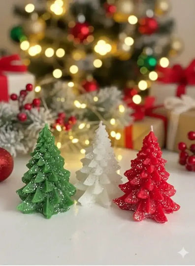 Set of 3 Christmas Candles Fir Scent & Glitter Multicolour 8x7cm