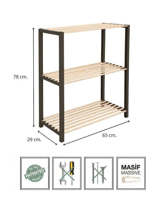 FixWood Ραφιέρα Κουζίνας Ξύλινη 3 Θέσεων Μαύρη 65x29x78cm