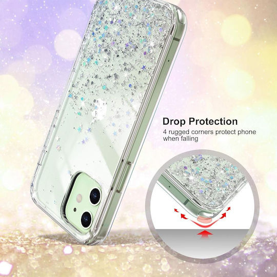 Jup Калъф #7402339-a 8865-23 iPhone 12/12 Pro Блестящи Сребърни Звезди Прозрачен TPU + PC 6.1" Пример
