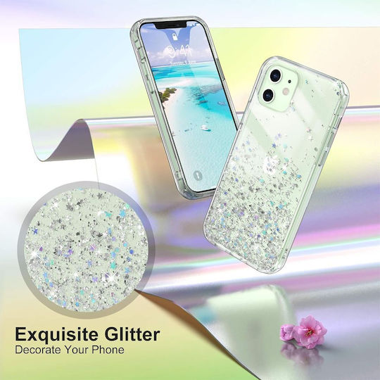 Jup Калъф 7402339 8865-23 iPhone 12/12 Pro Блестящи Сребърни Звезди Прозрачен TPU + PC 6.1"