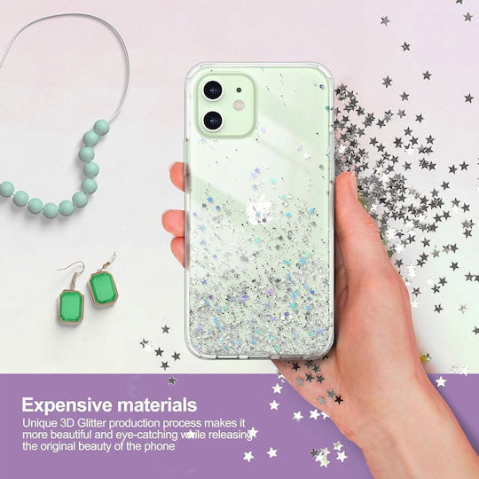 Jup Калъф #7402339-a 8865-23 iPhone 12/12 Pro Блестящи Сребърни Звезди Прозрачен TPU + PC 6.1" Пример