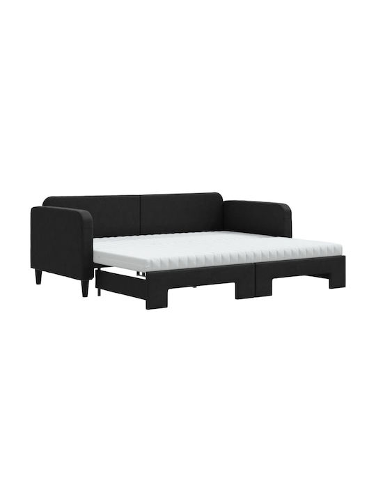 Canapea Pat Single din Lemn Masiv Negru cu Lamele & Saltea 90x200cm