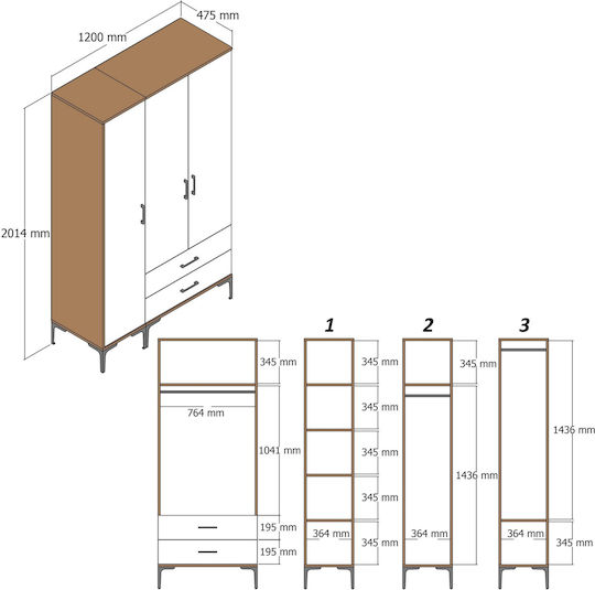 SteweHome Kleiderschrank Drei Türen Rt Lidya Crem 120x47x201cm