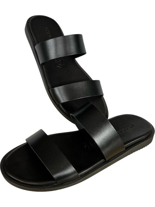Leather Women's Flat Sandals in Black Color