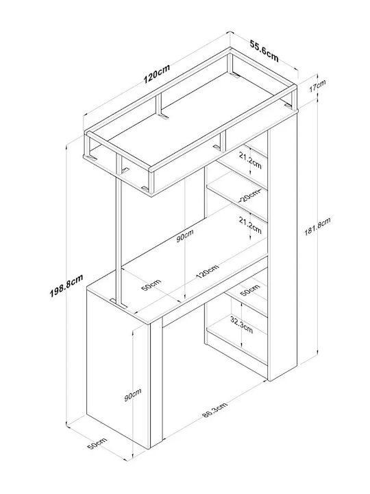 Έπιπλο Μπαρ Ράφια Δρυς & Μεταλλικό Σκελετό 120x55x181cm