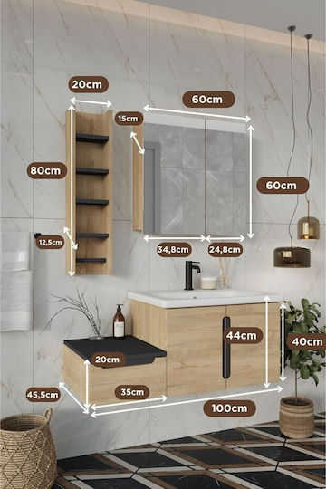Set Dulap Baie MDF Stejar Chiuvetă 3 Buc 100x45x44cm