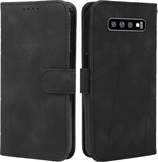 Skin Feel Geometric Lines Back Cover Leather / Silicone with Strap Black (Galaxy S10 5G)