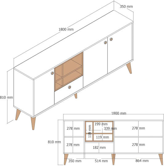 SteweHome Sideboard Holzoptik Mit Türen Crememarmor 180x35x81cm
