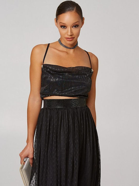 Γυναικείο Crop Top Ντραπέ με Τιράντες Μαύρο
